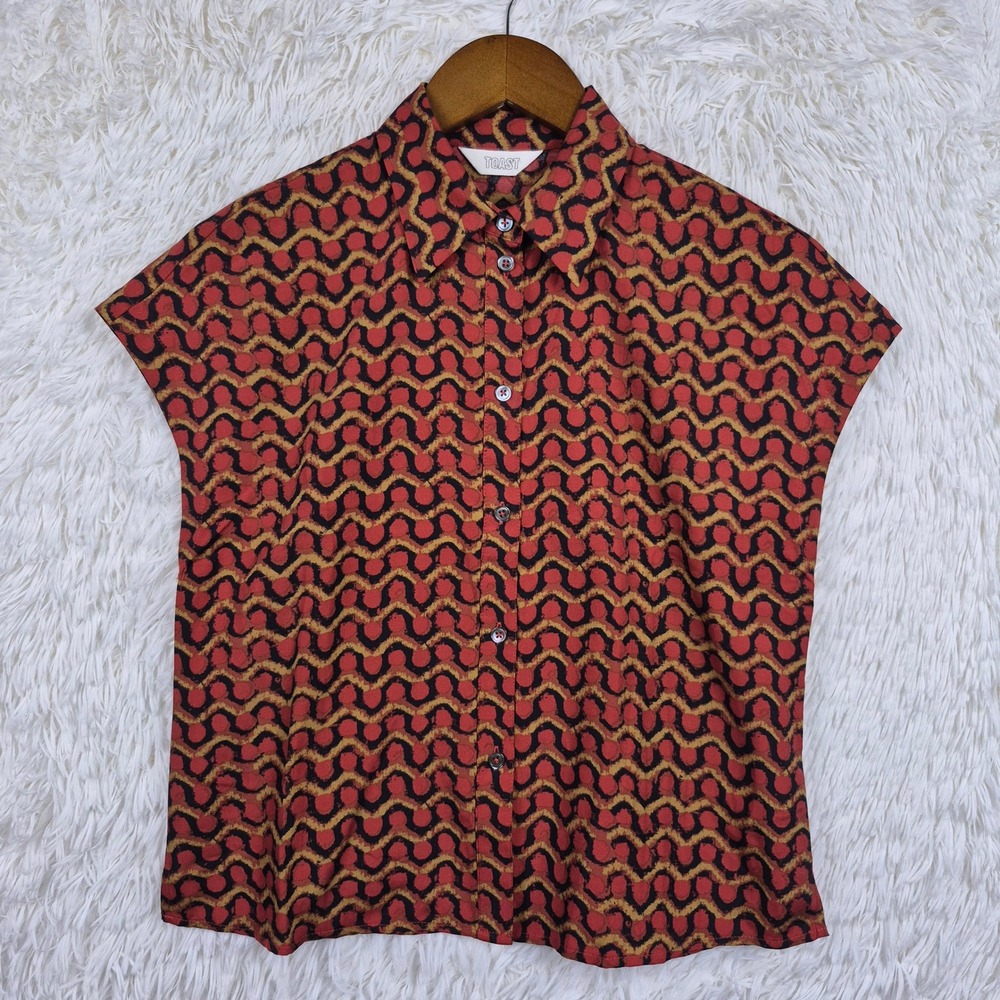 Toast Silk Cotton Geometric Wave Print Button Down Top Red Gold Black Sz 6 Boho